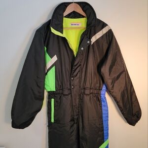 unreal vintage OBERMEYER one piece ski suit black neon jacket pants snow 80s